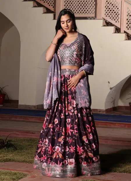 Nsf Design No. 357 Chinon Embroidery Work And Print Work Lehenga With Blouse Dupatta Bulk Orders In India